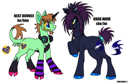 Size: 1280x830 | Tagged: safe, artist:devilbunzz, derpibooru import, oc, oc only, oc:beat bounce, oc:dark wave, earth pony, pony, unicorn, cloven hooves, duo, ear piercing, earth pony oc, headphones, horn, jewelry, necklace, piercing, pronouns, simple background, unicorn oc, white background