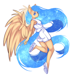 Size: 1920x1920 | Tagged: safe, artist:zenexart, derpibooru import, oc, oc only, anthro, pegasus, plantigrade anthro, blue eyes, clothes, commission, ethereal mane, feathered wings, female, large wings, leaning, leaning back, looking at you, no pupils, one leg raised, shirt, shoes, shorts, simple background, sleeveless, solo, white background, wings