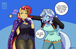 Size: 1333x874 | Tagged: safe, artist:traupa, derpibooru import, sunset shimmer, trixie, anthro, unicorn, accessory swap, alternate hairstyle, ara ara, belly button, blushing, breasts, cape, cleavage, clothes, clothes swap, dialogue, dress, duo, female, fishnet stockings, gloves, gritted teeth, hand on hip, hat, jacket, leotard, lesbian, looking at each other, looking at someone, magician outfit, mane swap, open mouth, redraw, remake, role reversal, shipping, sideboob, speech bubble, sudden style change, sunset jiggler, suntrix, teeth, titsie, trixie's cape, trixie's hat