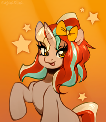 Size: 2333x2671 | Tagged: safe, artist:sugarstar, derpibooru import, oc, oc:trisha, pony, unicorn, bow, hair bow, open mouth, raised hoof, raised leg, smiling, solo