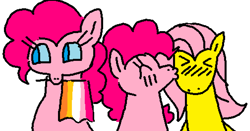 Size: 2017x1057 | Tagged: safe, artist:devilbunzz, derpibooru import, fluttershy, pinkie pie, earth pony, pegasus, pony, blushing, eyes closed, female, flutterpie, kiss on the cheek, kissing, lesbian, lesbian pride flag, pride, pride flag, shipping, simple background, white background