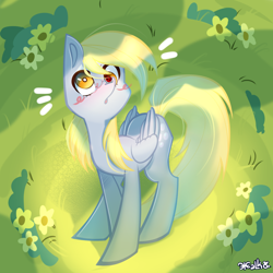 Size: 2000x2000 | Tagged: safe, artist:thejustbee, derpibooru import, derpy hooves, insect, ladybug, pegasus, pony, cute, derpabetes, emanata, female, flower, mare, solo