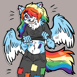 Size: 1000x1000 | Tagged: safe, artist:muckyschmuck, derpibooru import, rainbow dash, anthro, dog, alternate universe, alternate versions at source, au:my little puppy, bandaid, chest binder, clothes, denim, dogified, ear piercing, gray background, hair over one eye, husky, jeans, nonbinary, pants, piercing, rainbow dog, shirt, shirt lift, simple background, solo, species swap, spread wings, winged dog, wings