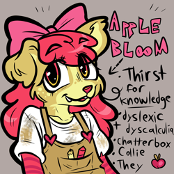 Size: 1000x1000 | Tagged: safe, artist:muckyschmuck, derpibooru import, apple bloom, anthro, border collie, dog, alternate universe, au:my little puppy, bow, clothes, collie, dogified, fangs, gray background, hair bow, overalls, pronouns, puppy bloom, simple background, solo, species swap