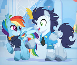 Size: 585x488 | Tagged: safe, artist:baileythepegasus, derpibooru import, rainbow dash, soarin', pegasus, pony, the last problem, bomber jacket, clothes, female, jacket, looking at each other, looking at someone, male, mare, older, older rainbow dash, older soarin', older soarindash, shipping, smiling, smiling at each other, soarindash, stallion, straight