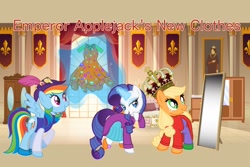 Size: 2048x1365 | Tagged: safe, artist:aaliyah_rosado, artist:user15432, derpibooru import, applejack, rainbow dash, rarity, earth pony, pegasus, pony, unicorn, bed, bedroom, blanket, blue dress, bycocket, clothes, crossover, crown, cupboard, curtains, diamond, dress, dresser, emperor, empress, fairy tale, feathered hat, frock coat, gemstones, glowing, glowing horn, hat, horn, jewelry, magic, magic aura, mirror, open mouth, orange dress, pillow, princess applejack, regalia, scroll, shoes, smiling, telekinesis, the emperor's new clothes, window