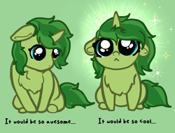 Size: 2316x1760 | Tagged: safe, artist:nootaz, derpibooru import, oc, oc only, oc:gamma flux, pony, unicorn, :<, chest fluff, cute, green background, simple background, sitting, solo