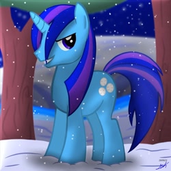 Size: 1280x1280 | Tagged: safe, artist:sokostar shr, derpibooru import, oc, oc only, pony, unicorn, forest, grin, horn, ice, looking at you, signature, smiling, smiling at you, snow, snowball, snowfall, snowflake, solo, tree, unicorn oc, unnamed oc