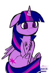 Size: 720x1064 | Tagged: safe, artist:sokostar shr, derpibooru import, twilight sparkle, twilight sparkle (alicorn), alicorn, pony, unicorn, chest fluff, cute, ears, floppy ears, simple background, sitting, solo, white background