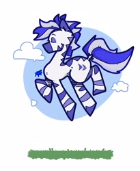 Size: 1872x2287 | Tagged: safe, artist:xtsij, derpibooru import, oc, oc only, oc:periwinkle mirtillo, zebra, blue, cloud, eyes closed, female, grass, happy, jumping, satisfied, side view, simple background, solo, striped, striped mane, white background, zebra oc