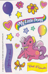 Size: 526x800 | Tagged: safe, derpibooru import, sundance (g2), earth pony, pony, g2, balloon, best friends, bow, closed mouth, duo, duo female, female, heart, lying down, mare, moon shadow, my little pony logo, official, open mouth, open smile, prone, scan, simple background, smiling, stars, sticker, sticker sheet, sunsparkle, white background