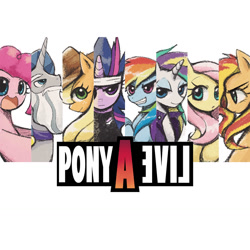 Size: 1280x1280 | Tagged: safe, artist:howxu, derpibooru import, applejack, fluttershy, pinkie pie, rainbow dash, rarity, star swirl the bearded, sunset shimmer, twilight sparkle, g4, alternate hairstyle, future twilight, live a live, parody, punk, raripunk