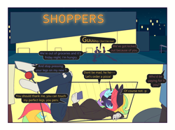 Size: 2970x2209 | Tagged: safe, artist:chapaevv, derpibooru import, oc, oc:moonbow flare, anthro, plantigrade anthro, clothes, comic, dialogue, female, grocery store, hoodie, male, night, offscreen character, parking lot, patreon, patreon reward, phone, shopping cart, text