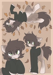 Size: 1463x2048 | Tagged: safe, artist:puppie, derpibooru import, oc, oc only, earth pony, pony, autumn, clothes, eye clipping through hair, leaves, smiling, sweater, tongue, tongue out