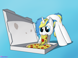 Size: 2700x1995 | Tagged: safe, artist:passionpanther, derpibooru import, oc, oc only, oc:dostluk vasitasiyla harmony, pony, unicorn, blue background, eating, female, food, gradient background, mare, mouth hold, nom, pizza, pizza box, simple background, solo