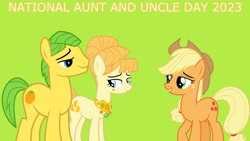 Size: 1920x1080 | Tagged: safe, artist:cloudy glow, artist:rainbowplasma, derpibooru import, edit, editor:jaredking779, applejack, aunt orange, mosely orange, uncle orange, earth pony, pony, aunt and niece, cowboy hat, female, freckles, green background, hat, male, mare, simple background, stallion, stetson, trio, uncle and niece