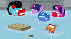 Size: 1600x889 | Tagged: safe, artist:yamston, derpibooru import, twilight sparkle, unicorn twilight, oc, oc:lance greenfield, oc:little fawn, oc:spark greenfield, earth pony, phoenix, pony, unicorn, zebra, fanfic:living the dream, 2023, family, family guy, fanfic art, fanfic in the description, flooding, group, it insists upon itself, meme, parent:oc:lance greenfield, parent:twilight sparkle, red and black mane, reference, two toned mane, wet, wet mane, zebra oc