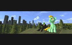 Size: 1680x1050 | Tagged: safe, derpibooru import, oc, oc:anon, human, pegasus, pony, 3d, city, cloud, forest, gmod, letterboxing, pointing, rooftop, sitting, skyscraper, smiling, tree, widescreen