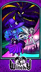 Size: 6973x12198 | Tagged: safe, artist:facadeart, derpibooru import, oc, oc:facade the witch, oc:gear shift, alicorn, pegasus, pony, unicorn, castle, cloak, clothes, colored, commission, fanfic, fanfic art, fanfic cover, forest, hat, horn, horn ring, moon, ring, witch, witch hat