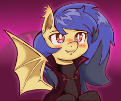 Size: 3211x2695 | Tagged: safe, artist:mikeylokey, derpibooru import, oc, oc:skyé, bat pony, pony, equestria at war mod, alternative hair, bat pony oc, bat wings, black hair, cape, clothes, emo, emo hair, fangs, female, mare, mexican, piercing, purple hair, switzerland, wings