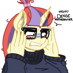 Size: 1000x1000 | Tagged: dead source, safe, artist:reiduran, color edit, derpibooru import, edit, moondancer, anthro, unicorn, g4, angry, blushing, clothes, colored, confused, dialogue, ear fluff, ears, female, glasses, meme, ponified, ponified meme, simple background, solo, sweater, the anime club, vulgar, white background, you dense motherfucker