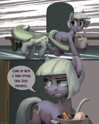 Size: 1200x1500 | Tagged: safe, artist:jewellier, derpibooru import, part of a series, part of a set, limestone pie, marble pie, earth pony, pony, series:ask the pie sisters, ask, female, food, granite, mare, pan, panic, panicking, pie sisters, rock, rock soup, running, running away, siblings, sisters, soup, speech bubble, table, text, translation