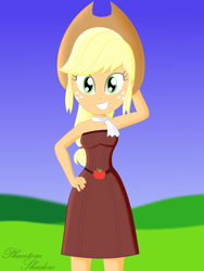 Size: 1500x2000 | Tagged: safe, artist:phantomshadow051, derpibooru import, applejack, human, equestria girls, bare shoulders, clothes, dress, female, freckles, humanized, sleeveless, solo, strapless