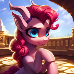 Size: 768x768 | Tagged: safe, ai content, derpibooru import, generator:pony diffusion v5, generator:stable diffusion, machine learning generated, pinkie pie, earth pony, big eyes, female, horns, solo, species swap, tiefling