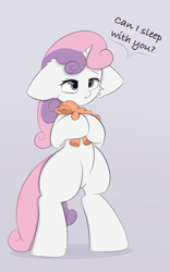 Size: 1280x2048 | Tagged: safe, artist:eventseem, derpibooru import, sweetie belle, pony, unicorn, bipedal, cute, diasweetes, female, mare, plushie, simple background, solo, text