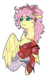 Size: 1360x2156 | Tagged: safe, artist:snspony, derpibooru import, fluttershy, pegasus, pony, alternate hairstyle, clothes, female, mare, simple background, solo, white background