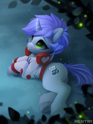 Size: 1920x2560 | Tagged: safe, artist:hentwi, derpibooru import, oc, oc only, oc:melody, pony, unicorn, forest, forest background, green eyes, headphones, moonlight, night, purple mane, solo