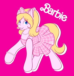 Size: 1990x2048 | Tagged: safe, artist:mscolorsplash, derpibooru import, earth pony, pony, barbie, bracelet, clothes, dress, eyebrows, eyebrows visible through hair, female, grin, jewelry, looking at you, magenta background, mare, necklace, pearl necklace, ponified, simple background, smiling, smiling at you, solo, species swap