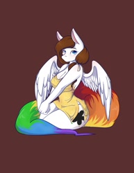 Size: 1583x2048 | Tagged: safe, artist:mscolorsplash, derpibooru import, oc, oc only, oc:color splash, anthro, pegasus, big breasts, breasts, brown background, cleavage, clothes, dress, female, hands together, looking at you, mare, partially open wings, rainbow tail, simple background, sitting, solo, tail, thighs, thunder thighs, wide hips, wings