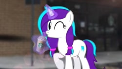 Size: 828x466 | Tagged: safe, derpibooru import, oc, oc only, oc:ice gaze, unicorn, female, horn, looking at you, magic, one eye closed, solo, starbucks, telekinesis, unicorn oc, wink, winking at you