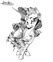 Size: 1072x1252 | Tagged: safe, derpibooru import, rarity, pony, unicorn, black and white, clothes, clothes swap, curly hair, curly mane, diamond, dress, ear piercing, earring, fashion, fashion style, female, gem, grayscale, jewelry, looking at you, mare, monochrome, necklace, outfit, photoshop, piercing, pointing, quadrupedal, simple background, socks, solo, toy, white background