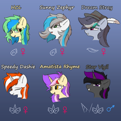 Size: 3200x3200 | Tagged: safe, artist:hcl, derpibooru import, oc, oc only, oc:amatista rhyme, oc:dream stray, oc:hcl, oc:speedy dashie, oc:star vigil, oc:sunny zephyr, alicorn, bat pony, pegasus, pony, unicorn, ear fluff, ears, feather, female, female symbol, golden eyes, gradient background, green eyes, group, hat, looking at you, magenta eyes, male, male symbol, mare, one eye closed, purple eyes, red eyes, sextet, stallion, wink