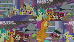 Size: 2000x1125 | Tagged: safe, derpibooru import, edit, edited screencap, editor:quoterific, screencap, peppermint goldylinks, sandbar, smolder, spike, yona, molt down, camera, clothes, friendship student, library, school of friendship, stone scales, sunglasses, trenchcoat