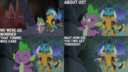 Size: 2000x1125 | Tagged: safe, derpibooru import, edit, edited screencap, editor:quoterific, screencap, princess ember, rarity, spike, twilight sparkle, gauntlet of fire, armor, rock costume