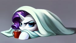 Size: 2688x1536 | Tagged: safe, ai content, derpibooru import, generator:pony diffusion v5, generator:stable diffusion, machine learning generated, rarity, pony, unicorn, angry, blanket, chocolate, cup, female, food, gray background, hot chocolate, looking at you, mare, prompter:siber, simple background, solo