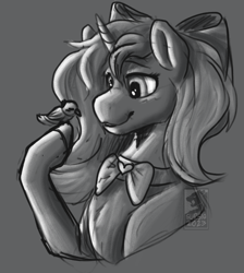 Size: 1344x1500 | Tagged: safe, artist:sursiq, derpibooru import, oc, oc only, oc:songbird sweets, bird, pony, unicorn, accessory, bow, bowtie, female, hair bow, horn, monochrome, pony oc, shading, sketch, solo, unicorn oc