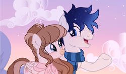 Size: 1841x1080 | Tagged: safe, artist:cstrawberrymilk, derpibooru import, oc, oc only, oc:moonlight dust, oc:strawberry milk, pegasus, pony, clothes, female, male, mare, scarf, stallion