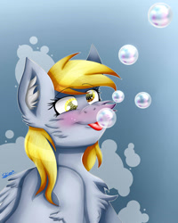 Size: 1280x1600 | Tagged: safe, artist:starblossom15, derpibooru import, derpy hooves, pegasus, pony, blue background, bubble, chest fluff, crepuscular rays, cute, digital art, ear fluff, ears, female, folded wings, golden eyes, gradient background, mare, ocean, simple background, smiling, solo, sunlight, underwater, water, wingding eyes, wings, yellow mane