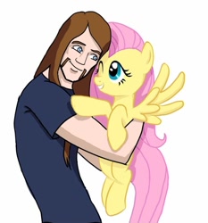 Size: 1016x1091 | Tagged: safe, artist:unknown, derpibooru import, fluttershy, human, pegasus, pony, clothes, crossover, cute, grin, holding a pony, hug, metalocalypse, one eye closed, shirt, shyabetes, simple background, smiling, toki wartooth, white background