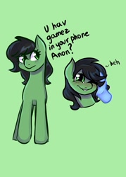 Size: 2000x2800 | Tagged: safe, anonymous artist, derpibooru import, oc, oc only, oc:anon, oc:anon filly, earth pony, pony, female, filly, foal, green background, mare, photo, simple background, solo, you got games on your phone