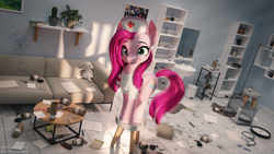 Size: 4800x2700 | Tagged: safe, artist:chyvak, derpibooru import, pinkie pie, pony, 3d, chaos, nurse outfit, pinkamena diane pie, plushie, solo, teddy bear