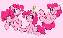 Size: 680x413 | Tagged: safe, artist:moozua, derpibooru import, pinkie pie, earth pony, pony, :p, hat, looking at you, one eye closed, open mouth, open smile, party hat, pink background, simple background, smiling, tongue, tongue out, triality, wink, winking at you