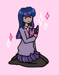 Size: 410x525 | Tagged: safe, artist:snailsgift, derpibooru import, twilight sparkle, human, book, clothes, cute, female, humanized, kneeling, pink background, school uniform, shirt, simple background, skirt, socks, solo, stocking feet, stockings, thigh highs, twiabetes