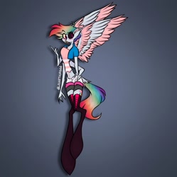 Size: 1249x1252 | Tagged: safe, artist:louarthur8, derpibooru import, rainbow dash, anthro, pegasus, unguligrade anthro, angel dust (hazbin hotel), clothes, female, fusion, gradient background, signature, socks, solo, wings