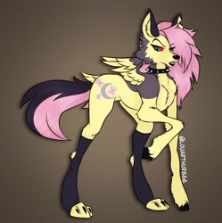 Size: 1249x1252 | Tagged: safe, artist:louarthur8, derpibooru import, fluttershy, wolf, wolf pony, choker, clothes, female, fusion, gradient background, helluva boss, leg warmers, loona (helluva boss), signature, solo, spiked choker, wings