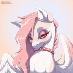 Size: 4000x4000 | Tagged: safe, artist:moonhoek, derpibooru import, oc, oc:kisa, pegasus, pony, artfight, bedroom eyes, collar, colored wings, digital art, female, feral, gradient background, gradient wings, horny, mare, solo, wings